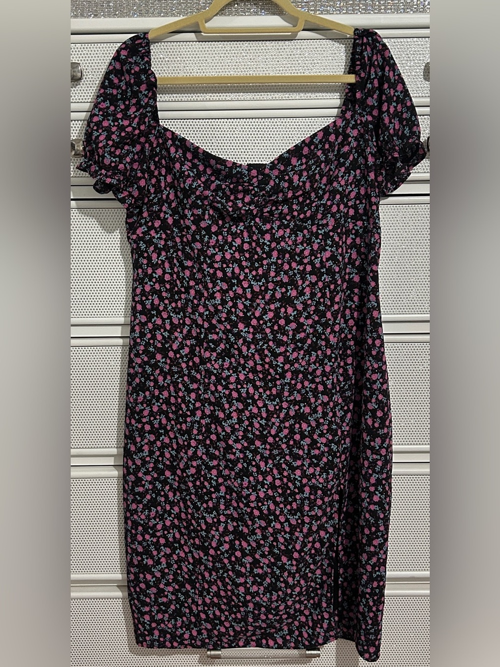 City Triangles Dress Floral with Pink, Purple, Fuchsia & Blue Blossoms.